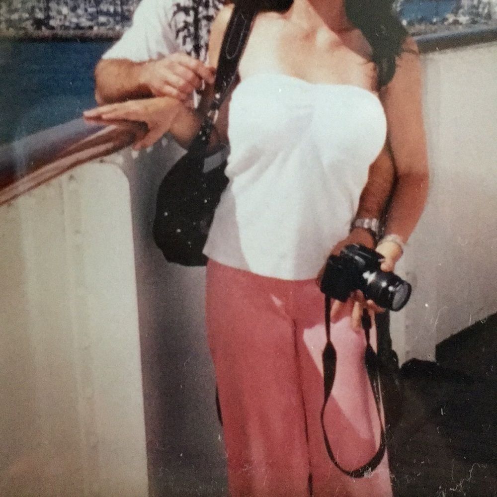 Terry cloth pants and strapless shirt.